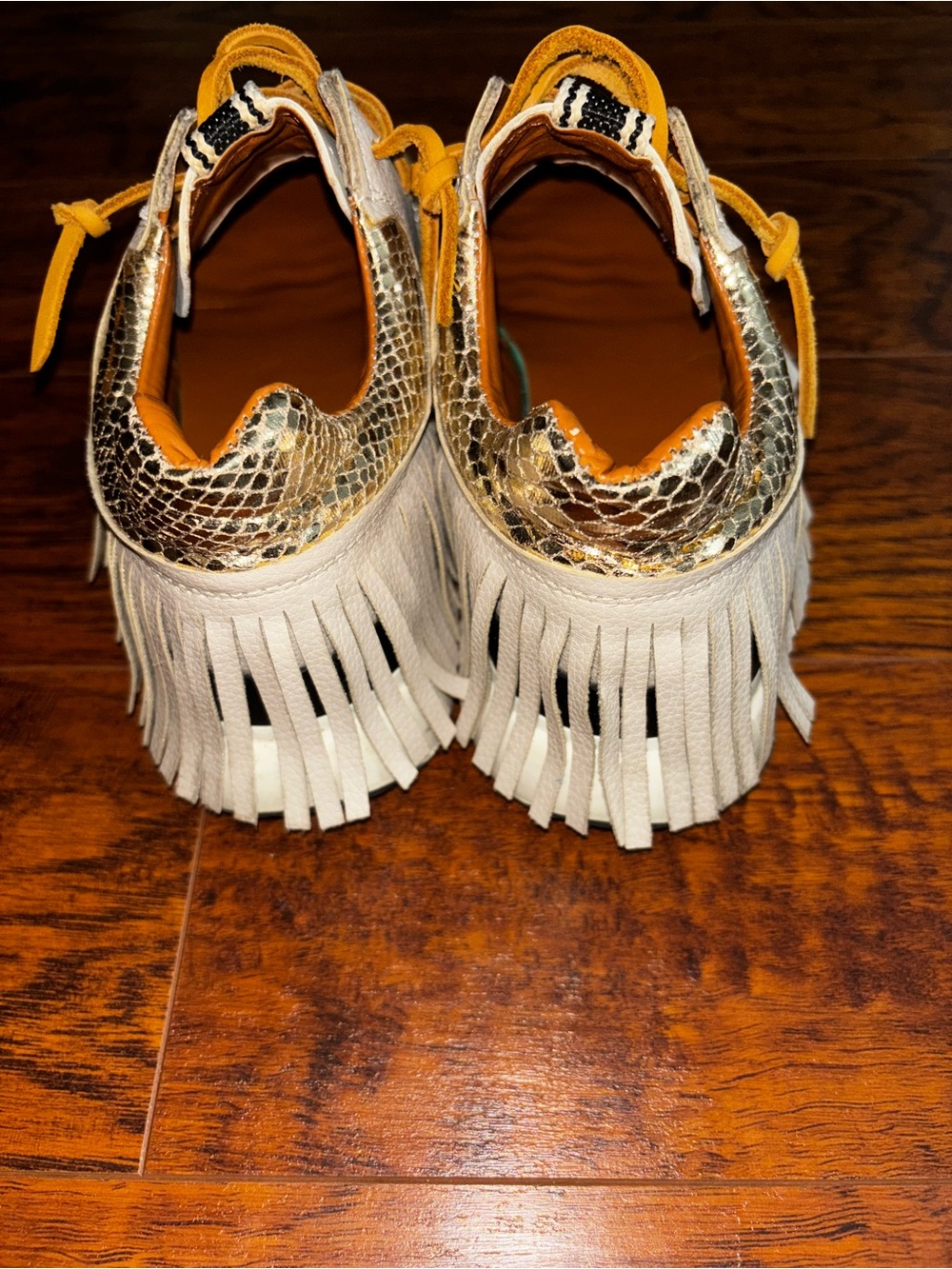 ShuShop Pepa Fringe Sneakers Gold Snakeskin Heel Bone Tan Western Shoes - Picture 7 of 14